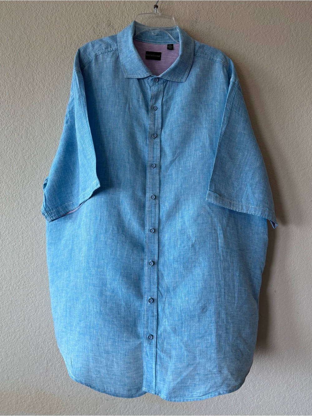 Rochester Blue 100% Linen Button Up Short‎ Sleeve Shirt Mens 1XL